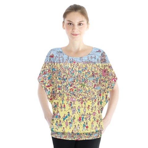 Waldo Cartoon Where s Wally Water Sky Sea Day Nature Batwing Chiffon Blouse by 99art