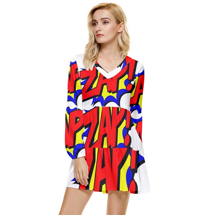 Zap Comic Book Fight Tiered Long Sleeve Mini Dress