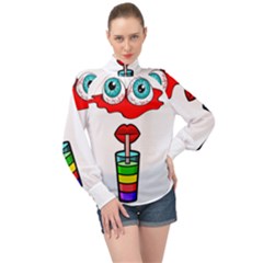 Animation-eyes-cartoon-cute-comic High Neck Long Sleeve Chiffon Top by 99art