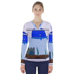 Wal-fish-small-world-lake-sea V-neck Long Sleeve Top by 99art