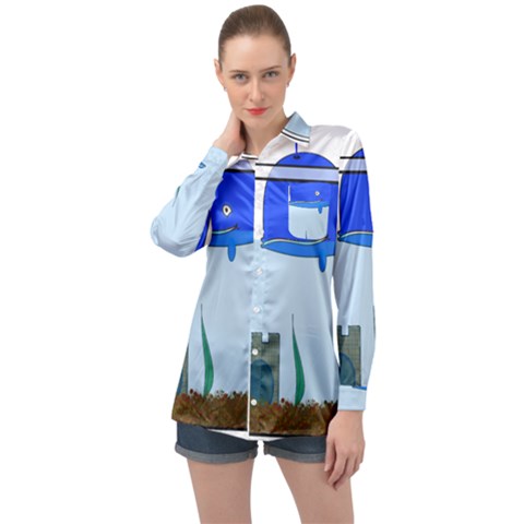 Wal-fish-small-world-lake-sea Long Sleeve Satin Shirt by 99art