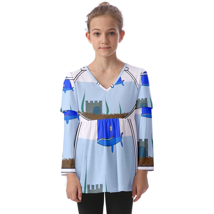 Wal-fish-small-world-lake-sea Kids  V Neck Casual Top