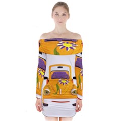 Car-transportation-cartoon-comic Long Sleeve Off Shoulder Dress by 99art