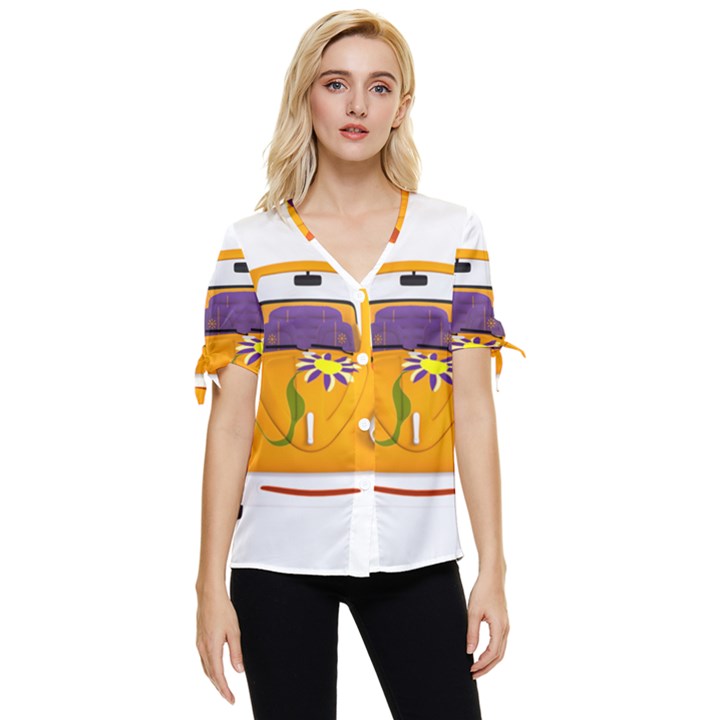 Car-transportation-cartoon-comic Bow Sleeve Button Up Top