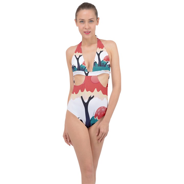 Tree-art-trunk-artwork-cartoon Halter Front Plunge Swimsuit