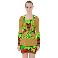 Hamburger-cheeseburger-fast-food V-neck Bodycon Long Sleeve Dress