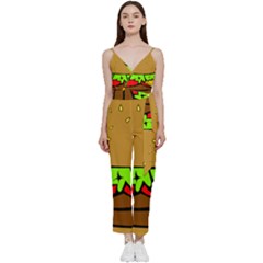 Hamburger-cheeseburger-fast-food V-neck Spaghetti Strap Tie Front Jumpsuit by 99art