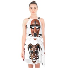 Tribal-masks-african-culture-set Halter Collar Waist Tie Chiffon Dress by 99art