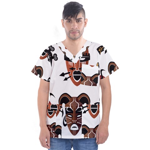 Tribal-masks-african-culture-set Men s V-neck Scrub Top by 99art