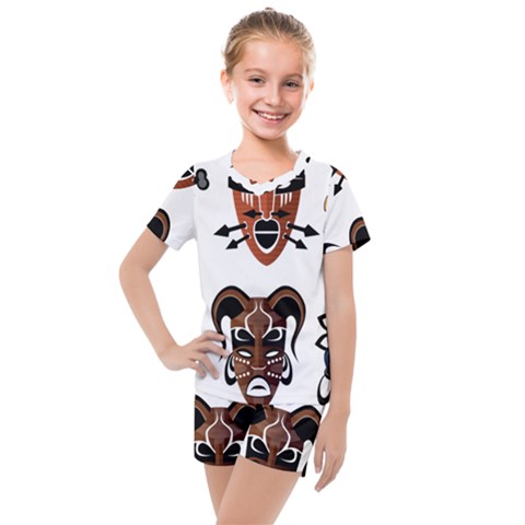 Tribal-masks-african-culture-set Kids  Mesh Tee And Shorts Set by 99art