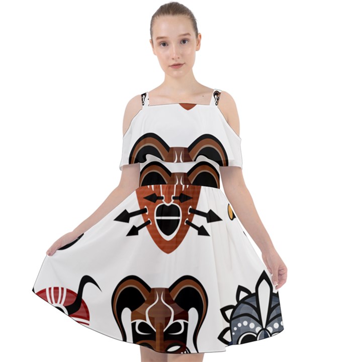 Tribal-masks-african-culture-set Cut Out Shoulders Chiffon Dress