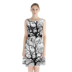 Tree-silhouette-winter-plant Sleeveless Waist Tie Chiffon Dress by 99art