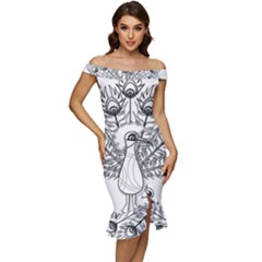 Peacock-plumage-display-bird Off Shoulder Ruffle Split Hem Bodycon Dress