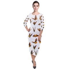 Butterfly Butterflies Insect Swarm Quarter Sleeve Midi Velour Bodycon Dress by 99art