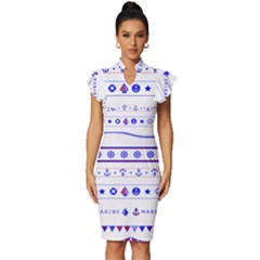 Marine Nautical Clip Art Vintage Frill Sleeve V-neck Bodycon Dress