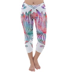 Lotus Feathers Boho Watercolor Capri Winter Leggings 