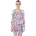 Lotus Feathers Boho Watercolor V-neck Bodycon Long Sleeve Dress View1