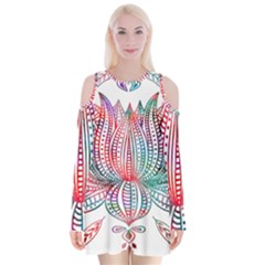 Lotus Feathers Boho Watercolor Velvet Long Sleeve Shoulder Cutout Dress