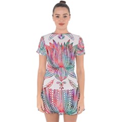 Lotus Feathers Boho Watercolor Drop Hem Mini Chiffon Dress by 99art