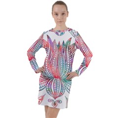 Lotus Feathers Boho Watercolor Long Sleeve Hoodie Dress