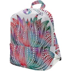 Lotus Feathers Boho Watercolor Zip Up Backpack