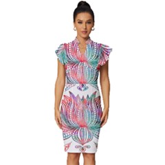 Lotus Feathers Boho Watercolor Vintage Frill Sleeve V-neck Bodycon Dress by 99art