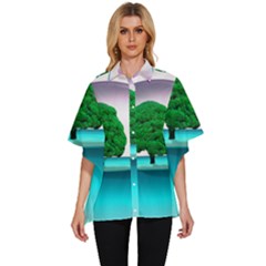 Crystal-ball-sphere-cartoon Color Background Women s Batwing Button Up Shirt