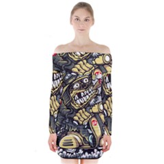 Scooter-motorcycle-boot-cartoon-vector Long Sleeve Off Shoulder Dress by 99art