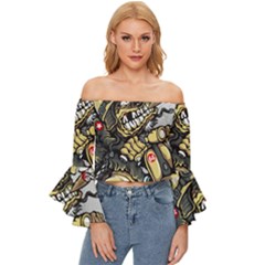 Scooter-motorcycle-boot-cartoon-vector Off Shoulder Flutter Bell Sleeve Top