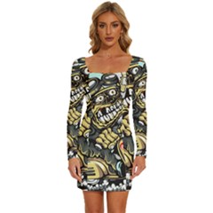 Scooter-motorcycle-boot-cartoon-vector Long Sleeve Square Neck Bodycon Velvet Dress by 99art