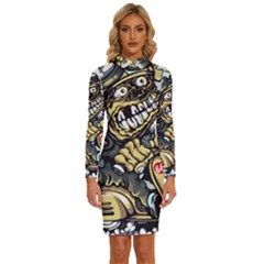 Scooter-motorcycle-boot-cartoon-vector Long Sleeve Shirt Collar Bodycon Dress by 99art