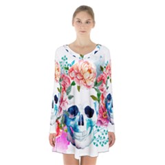 Day Of The Dead Skull Art Long Sleeve Velvet V-neck Dress