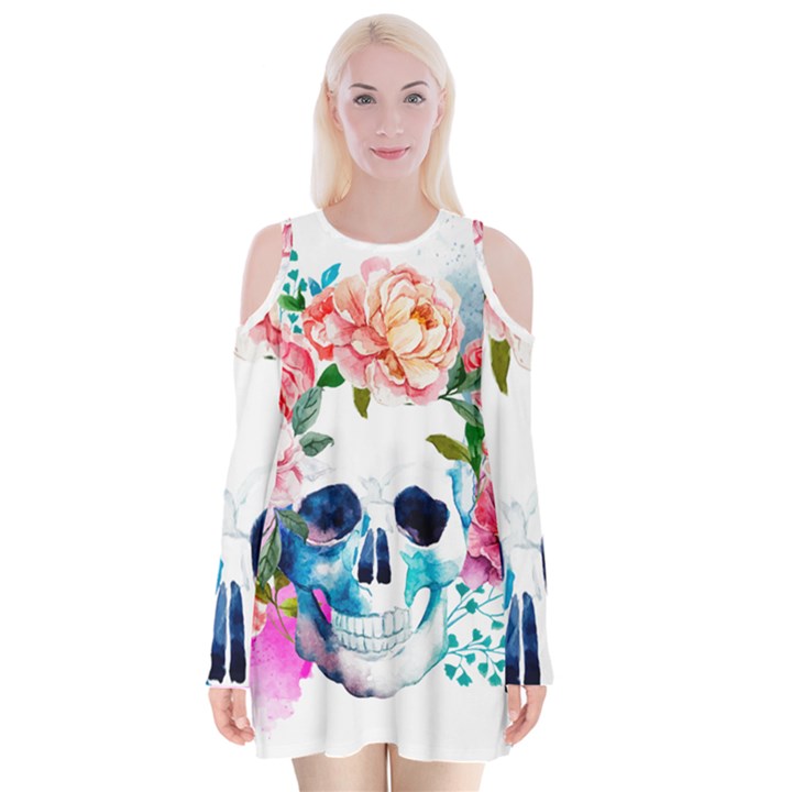 Day Of The Dead Skull Art Velvet Long Sleeve Shoulder Cutout Dress