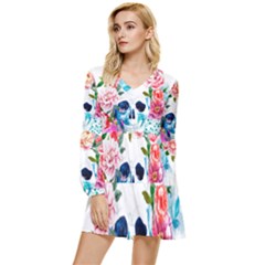 Day Of The Dead Skull Art Tiered Long Sleeve Mini Dress by 99art