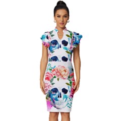 Day Of The Dead Skull Art Vintage Frill Sleeve V-neck Bodycon Dress by 99art