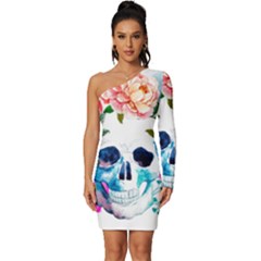 Day Of The Dead Skull Art Long Sleeve One Shoulder Mini Dress by 99art