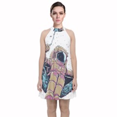 Drawing-astronaut Velvet Halter Neckline Dress 