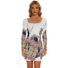 Drawing-astronaut Long Sleeve Square Neck Bodycon Velvet Dress by 99art