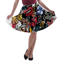 Mural Graffiti Paint A-line Skater Skirt by 99art