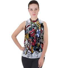 Mural Graffiti Paint Mock Neck Chiffon Sleeveless Top by 99art