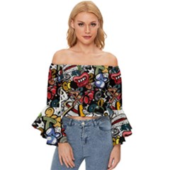 Mural Graffiti Paint Off Shoulder Flutter Bell Sleeve Top