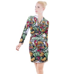 Scooter-motorcycle-graffiti Button Long Sleeve Dress by 99art