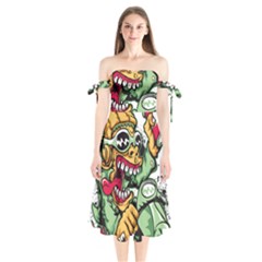 Scooter-motorcycle-graffiti Shoulder Tie Bardot Midi Dress by 99art