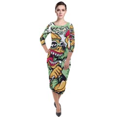 Scooter-motorcycle-graffiti Quarter Sleeve Midi Velour Bodycon Dress by 99art