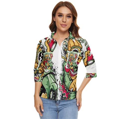 Scooter-motorcycle-graffiti Women s Quarter Sleeve Pocket Shirt by 99art