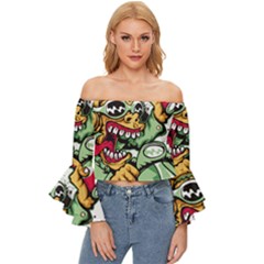 Scooter-motorcycle-graffiti Off Shoulder Flutter Bell Sleeve Top by 99art