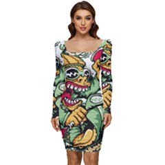 Scooter-motorcycle-graffiti Women Long Sleeve Ruched Stretch Jersey Dress by 99art