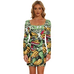 Scooter-motorcycle-graffiti Long Sleeve Square Neck Bodycon Velvet Dress by 99art