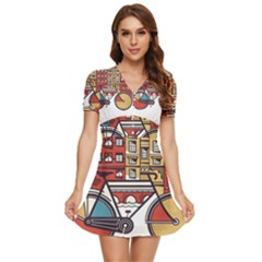 Amsterdam Graphic Design Poster Illustration V-neck High Waist Chiffon Mini Dress by 99art