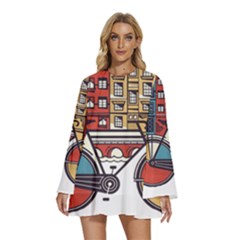 Amsterdam Graphic Design Poster Illustration Round Neck Long Sleeve Bohemian Style Chiffon Mini Dress by 99art